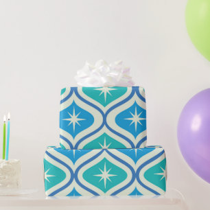 Midden-Eeuw Atomic Starbursts op Blauw Blauwgroen Cadeaupapier