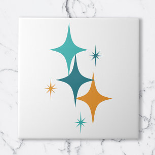 Midden Eeuw Atomische Sterren Wit Teal Aqua Oranje Tegeltje
