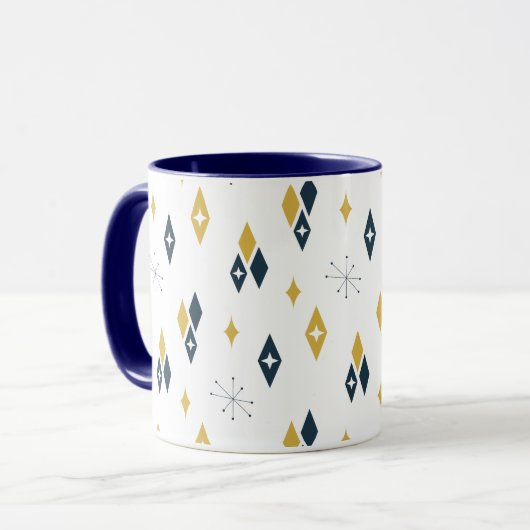Midden eeuw atoomdiamanten Starburst Navy Mosterd Mok (Voorkant links)