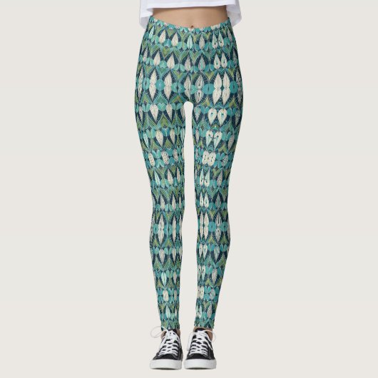 Midden eeuw atoomdruppels blauw groen patroon leggings (Voorkant)