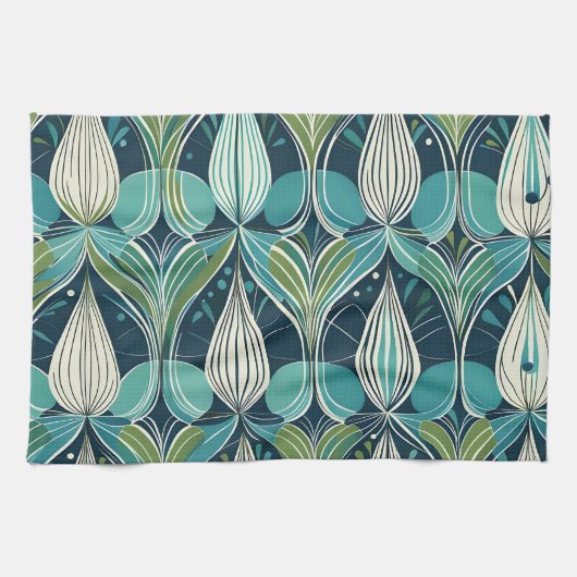 Midden eeuw atoomdruppels blauw groen patroon theedoek (Horizontaal)