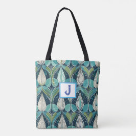 Midden eeuw atoomdruppels blauw groen patroon tote bag
