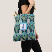 Midden eeuw atoomdruppels blauw groen patroon tote bag (Dichtbij)