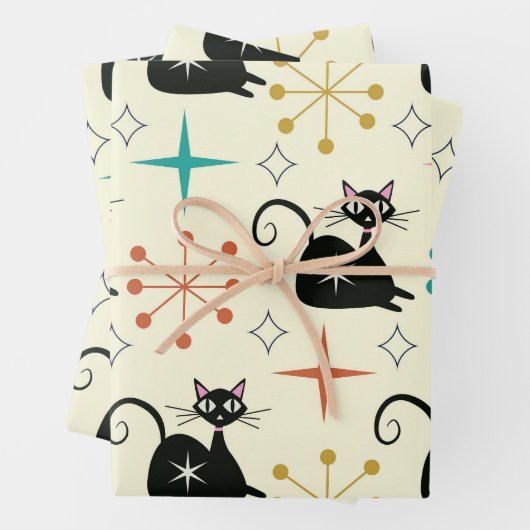 Midden-Eeuw Atoomkat met Starbursts Inpakpapier Vel (In situ)