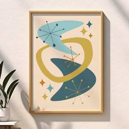 Midden eeuw atoomtijd 7 blauw, mosterd poster