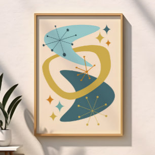 Midden eeuw atoomtijd 7 blauw, mosterd poster