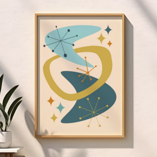 Midden eeuw atoomtijd 7 blauw, mosterd poster