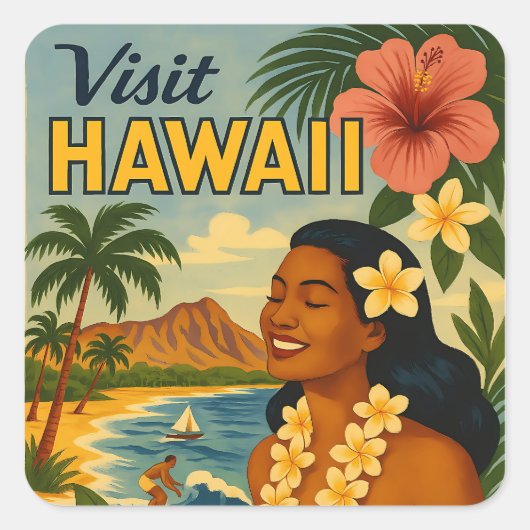 Midden eeuw bezoek Hawaii toerisme kunst Vierkante Sticker (Voorkant)