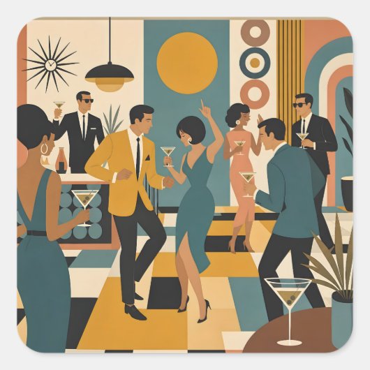 Midden Eeuw Feestelijke Martini Dansfeest Vierkante Sticker (Voorkant)