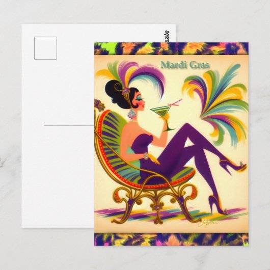 Midden eeuw futuristische Mardi Gras Martini vrouw Briefkaart (Voorkant / Achterkant)