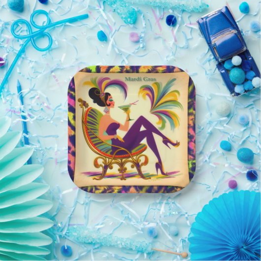 Midden eeuw futuristische Mardi Gras Martini vrouw Papieren Bordje (Feest)