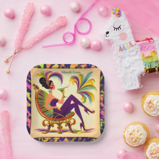 Midden eeuw futuristische Mardi Gras Martini vrouw Papieren Bordje (Feest)