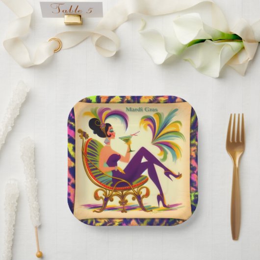Midden eeuw futuristische Mardi Gras Martini vrouw Papieren Bordje (Huwelijk)