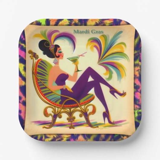 Midden eeuw futuristische Mardi Gras Martini vrouw Papieren Bordje (Voorkant)