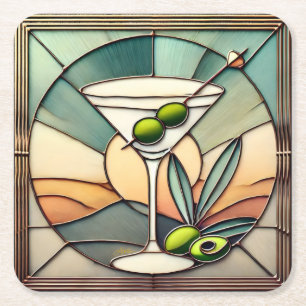 Midden Eeuw Gebrandschilderd Glas 2 Olijf Martini Kartonnen Onderzetters