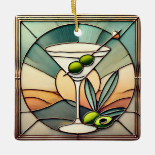 Midden Eeuw Gebrandschilderd Glas 2 Olijf Martini Keramisch Ornament