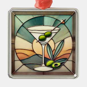 Midden Eeuw Gebrandschilderd Glas 2 Olijf Martini Metalen Ornament