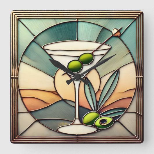 Midden Eeuw Gebrandschilderd Glas 2 Olijf Martini Vierkante Klok (Voorkant)