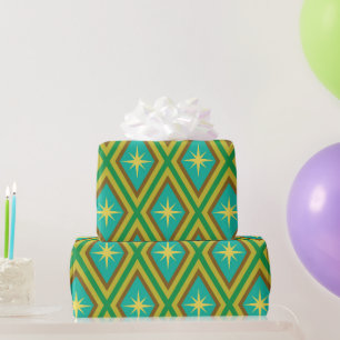 Midden eeuw gele sterren op retro ruitpatroon cadeaupapier