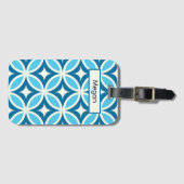 Midden eeuw geometrisch patroon blauwe monogram bagagelabel (Voorkant (horizontaal))