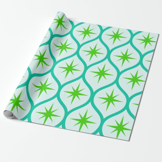 Midden eeuw groene stervlagen op ovale patronen cadeaupapier (Uitgerold)