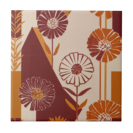Midden eeuw herfst bloem geometrisch patroon tegeltje (Voorkant)