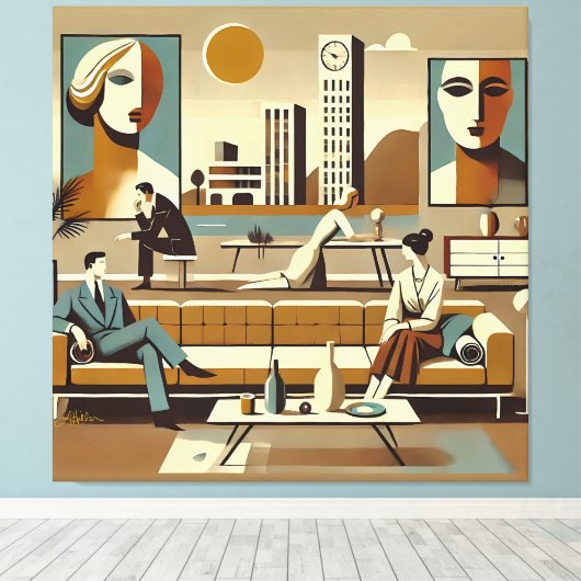 Midden eeuw interieur ontwerp kunst lounge canvas afdruk (Insitu (Houten vloer))