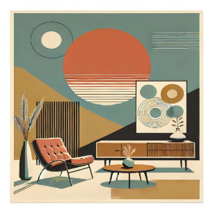 Midden Eeuw Interieur Ontwerp Woonkamer Zonsopgang Foto Afdruk