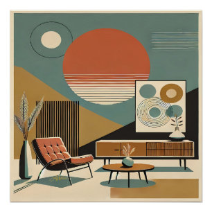 Midden Eeuw Interieur Ontwerp Woonkamer Zonsopgang Perfect Poster
