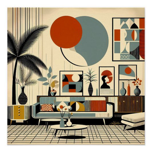 Midden eeuw interieurontwerp Eclipse Woonkamer Perfect Poster (Voorkant)