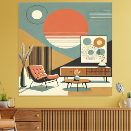 Midden eeuw interieurontwerp woonkamer zonsopgang canvas afdruk