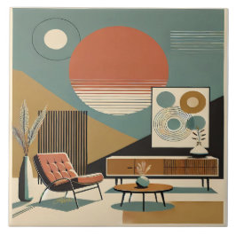 Midden eeuw interieurontwerp woonkamer zonsopgang tegeltje
