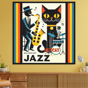 Midden eeuw jazz tijdperk HepCat Zwarte Kat Canvas Afdruk