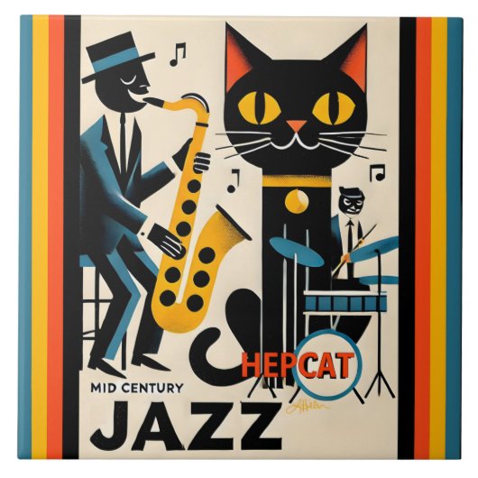 Midden eeuw jazz tijdperk HepCat Zwarte Kat Tegeltje (Voorkant)