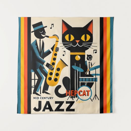 Midden eeuw jazz tijdperk HepCat Zwarte Kat Wandkleed (Voorkant)