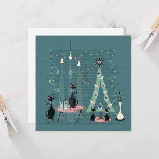 Midden Eeuw Kat Familie Feestdag Kaart (Voorkant / Achterkant in situ)