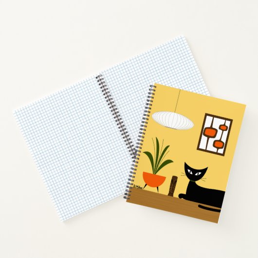 Midden eeuw kat met Mod Pods op geel Notitieboek (Binnen)