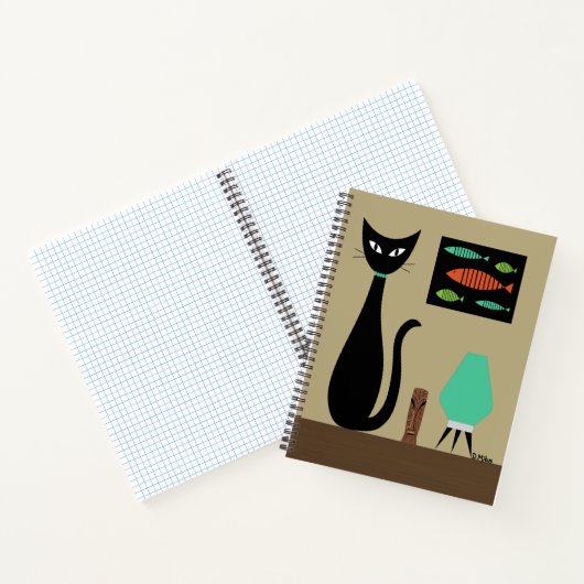 Midden eeuw kat met retro vis notitieboek (Binnen)