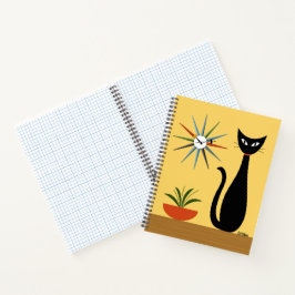 Midden eeuw kat met sterrenklok op geel notitieboek
