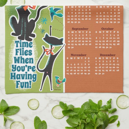 Midden-Eeuw Katten Kalender Keuken Handdoek Groen/ (Gevouwen)