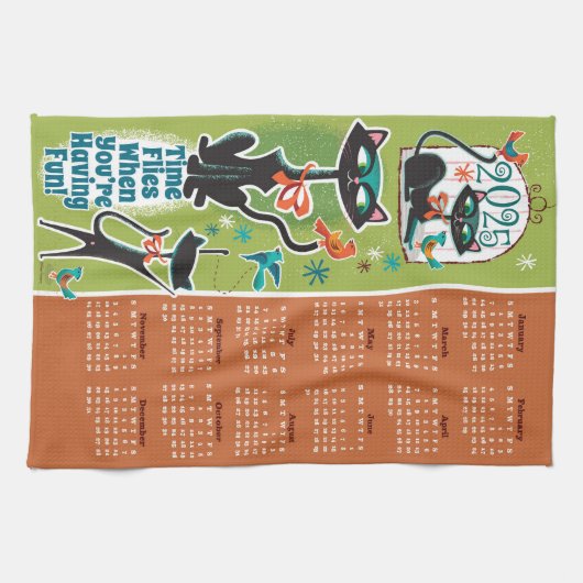 Midden-Eeuw Katten Kalender Keuken Handdoek Groen/ (Horizontaal)