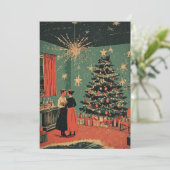 Midden-eeuw Kerstmis feestelijke woonkamer scène Feestdagenkaart (Staand voorkant)