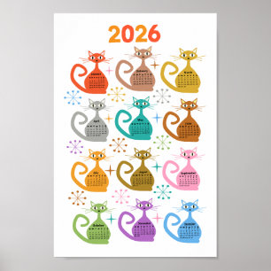 Midden eeuw Kleurrijke Atoomkatten 2026 Kalender  Poster