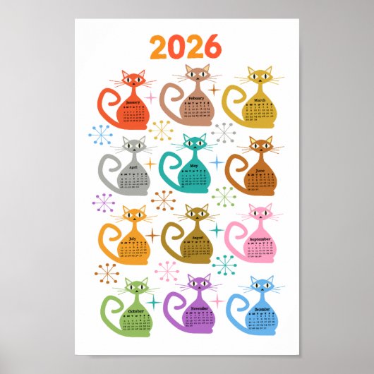 Midden eeuw Kleurrijke Atoomkatten 2026 Kalender  Poster (Voorkant)