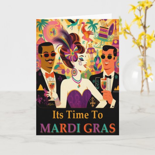 Midden eeuw Mardi Gras Cocktail Party Kaart (Gele Bloem)