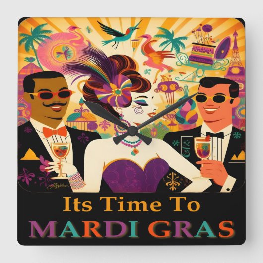 Midden eeuw Mardi Gras Cocktail Party Vierkante Klok (Voorkant)