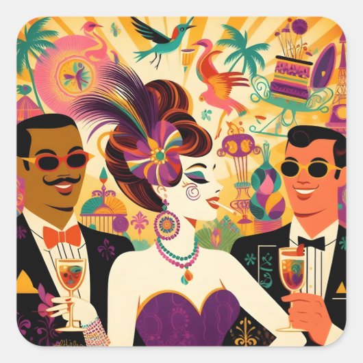 Midden eeuw Mardi Gras Cocktail Party Vierkante Sticker (Voorkant)