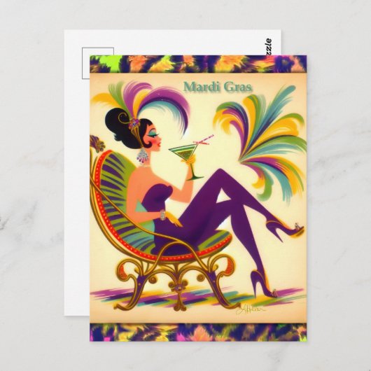 Midden eeuw Mardi Gras Vrouw met een Martini Briefkaart (Voorkant / Achterkant)
