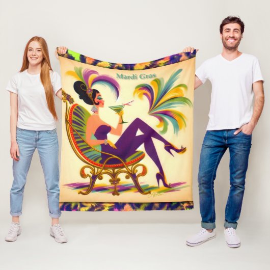 Midden eeuw Mardi Gras Vrouw met een Martini Fleece Deken (In situ)