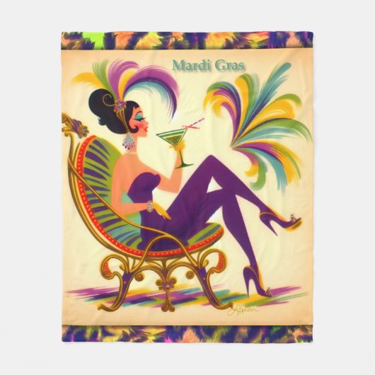 Midden eeuw Mardi Gras Vrouw met een Martini Fleece Deken (Voorkant)